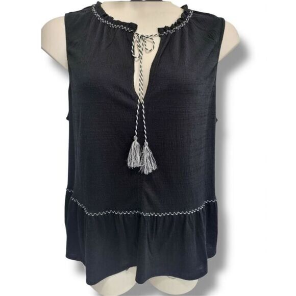 NEW Max Studio Womens Black Gauzy Embroidered Flowy Tassle Top 1X  Boho Western - Picture 2 of 11